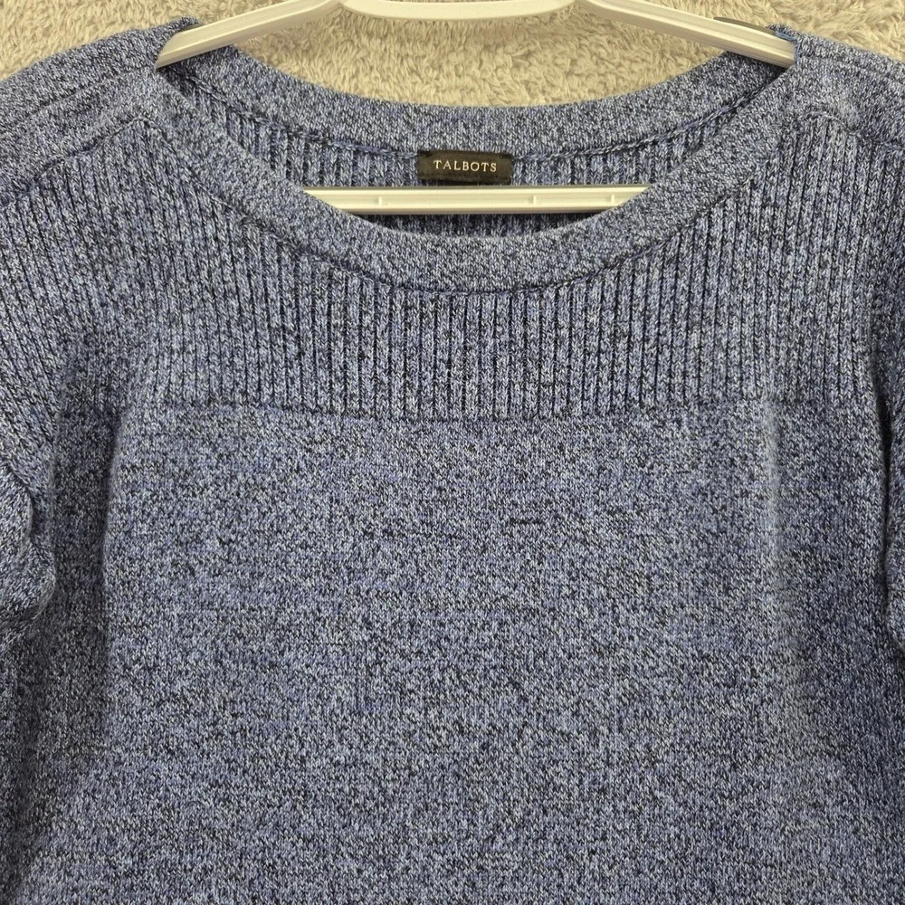 Talbots Sweater Women's Medium Blue‎ Marled Knit Ribbed Boat Neck Long Sleeve